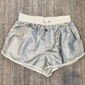 Silver Athletic Shorts with White Waistband and Trim